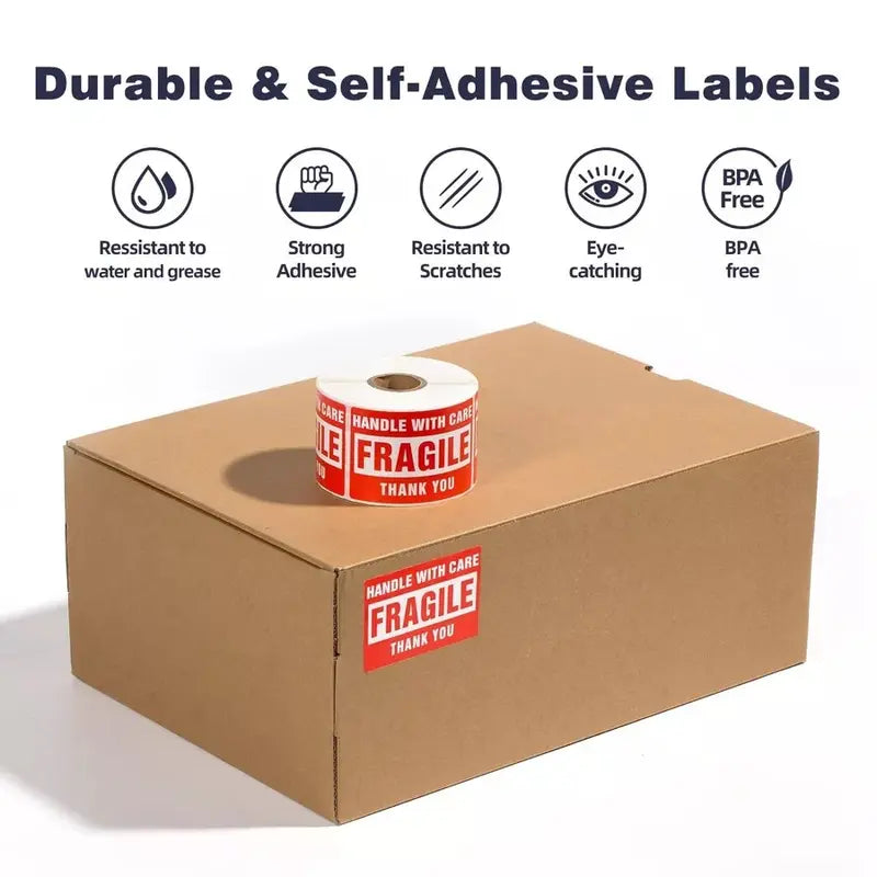 Red "Handle with Care" Extra Sticky Fragile Labels, 2x3 in 500 Stickers, Permanent Peelable Colored Digital Print Shipping Labels for Office Stationery Supplies