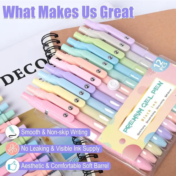 12 Pcs 0.5mm Fine Point Gel Pens, Quick-Dry No-Smudge, Smooth-Writing Comfortable Grip, Cute Black Ink Pens for Journaling, School Supplies, Office Accessories