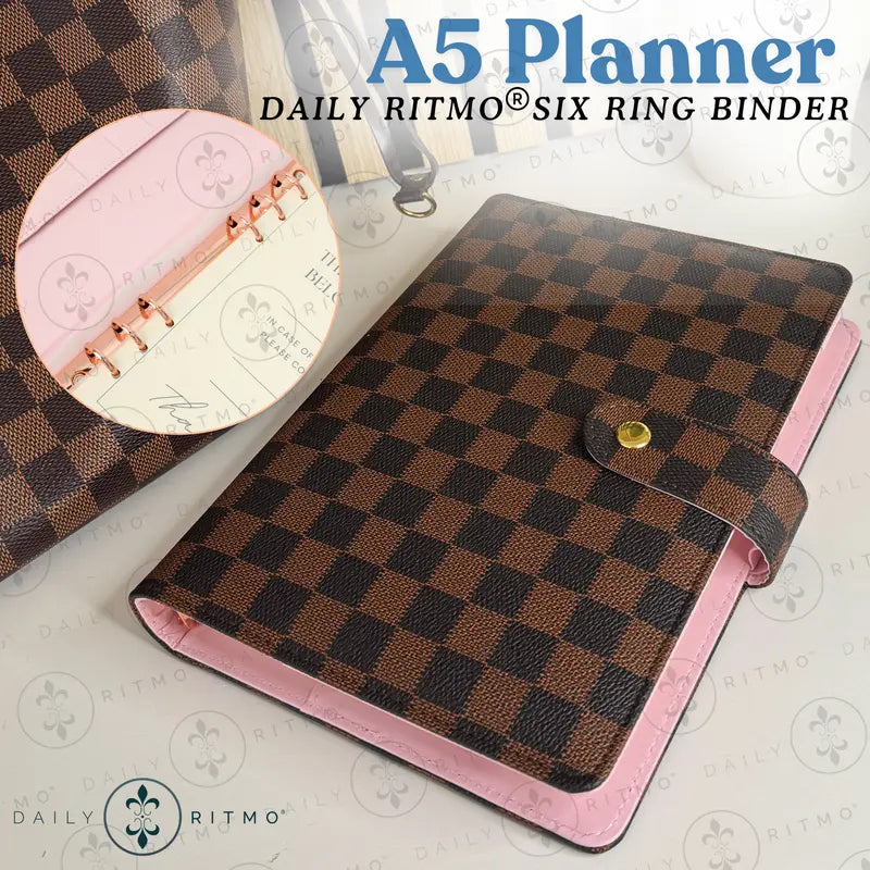 DAILY RITMO A5 Checkered PU Leather Cover 6-Ring Binder - 160-Page 26lb 7"x9" Daily To-Do List Notepad, Easy Care Work Organizer, Planner Accessories, Office Stationery Binder