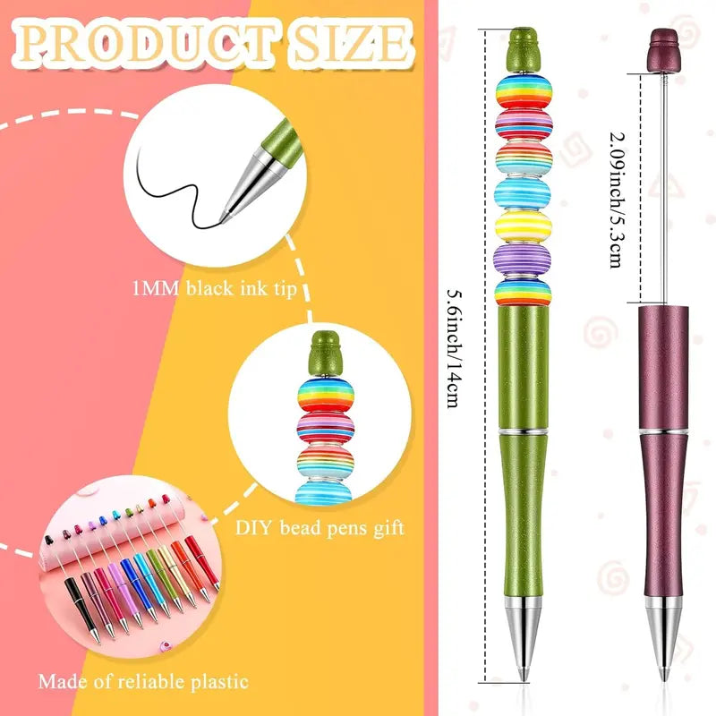 50 Pcs Plastic Beadable Pen Bulk Kit 50 Bead Ballpoint Shaft Black Ink Beaded Pens with 50 Refills for DIY Making Christmas Holiday Gift for Youngers Student Office