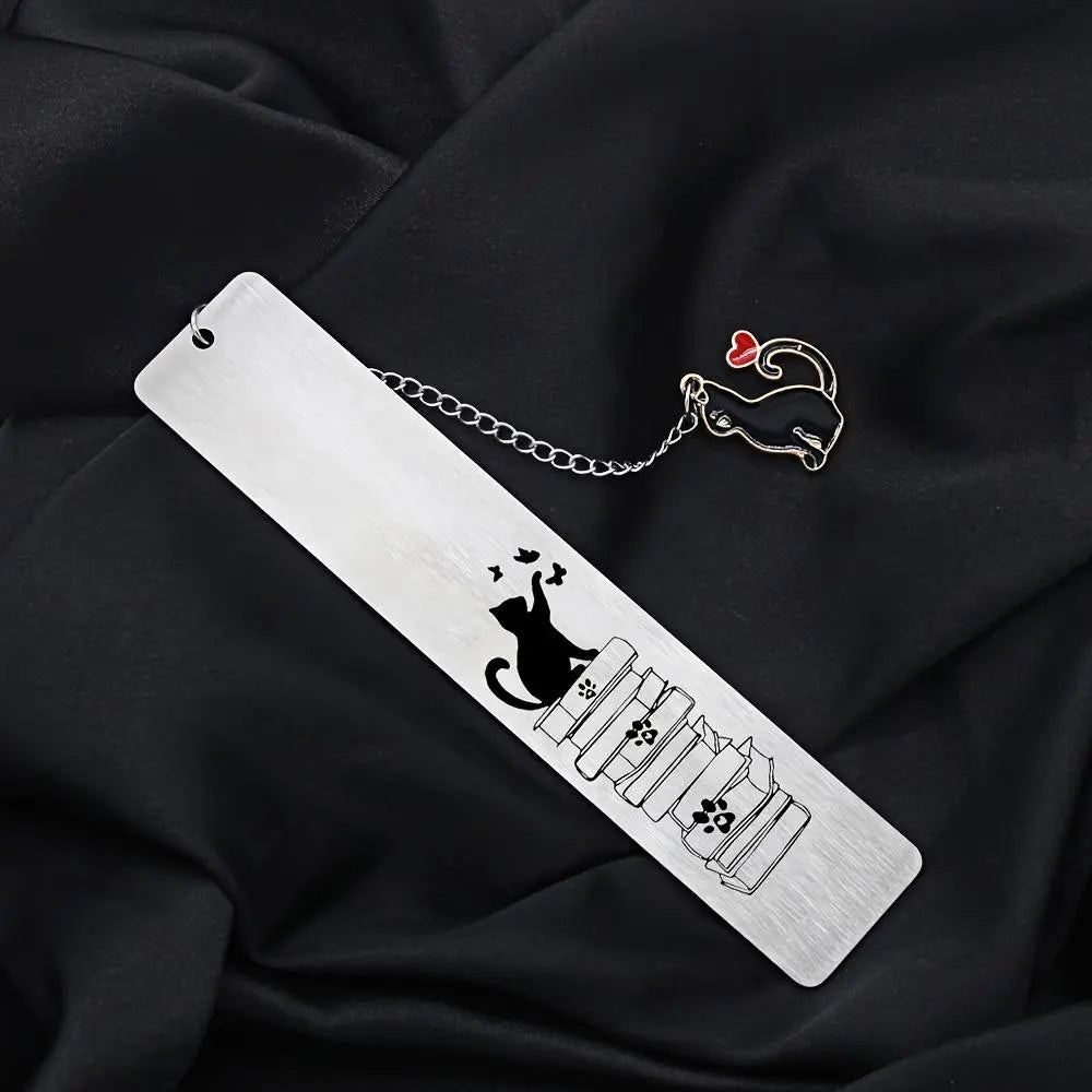Cartoon Cat & Book Design Bookmark, 1 Count Stainless Steel Bookmark with Butterfly Pendant, Creative Bookmark for Teacher & Students, Book Accessories